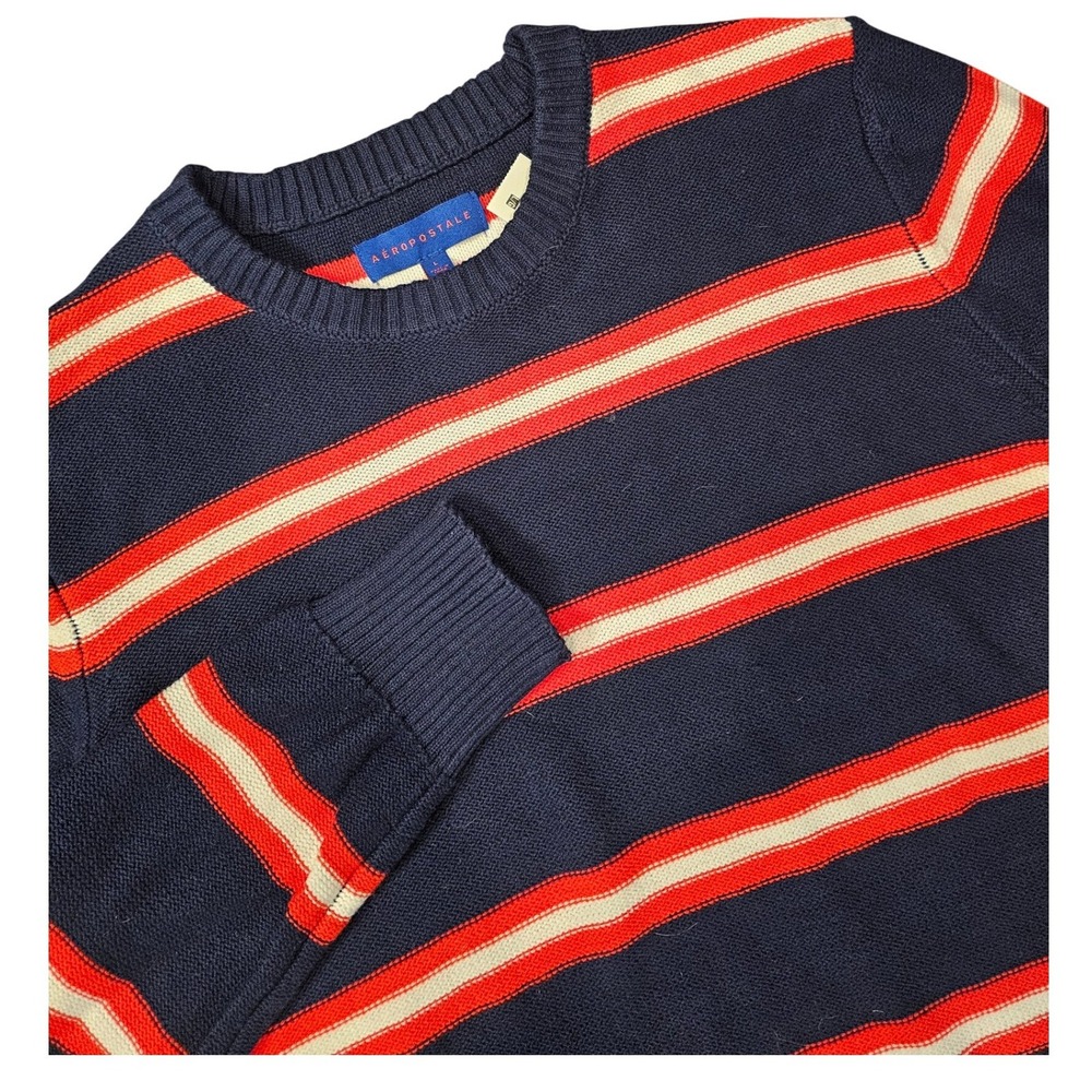 Aeropostale Mens Y2K Striped Crewneck Sweater Navy Blue Red White Large NWT